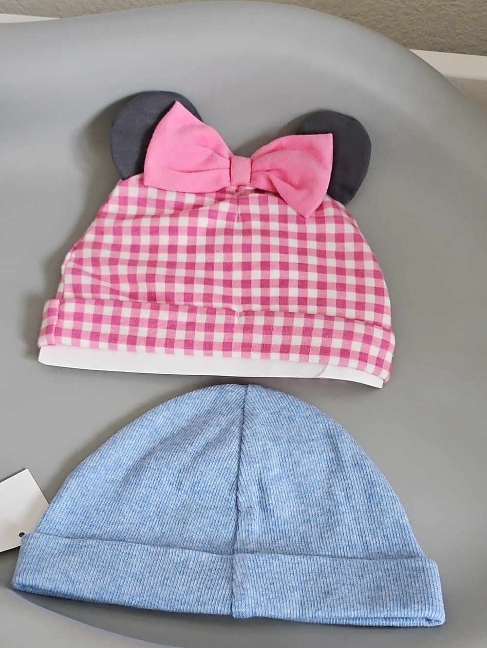 Pink Gingham Baby Hat with Bow & Blue Ribbed Beanie - Two Pack
